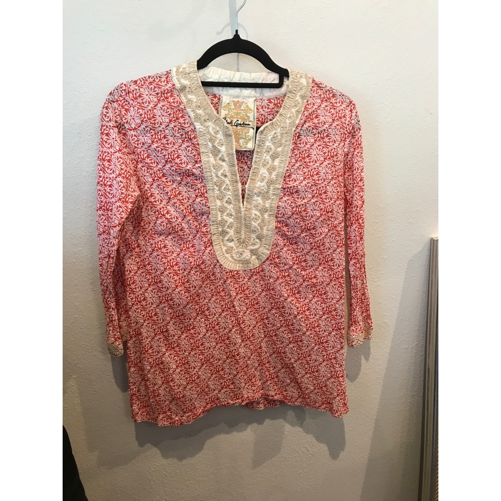 Robert Graham Womens Red Floral Damask Embroidered V-Neck Tunic Top Small